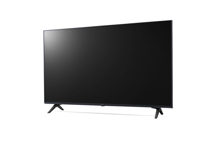 Slightly-angled left-facing side view of LG UHD TV, UT73