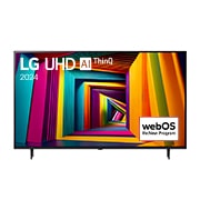 Front view of LG UHD TV, UT90 with text of LG UHD AI ThinQ, 2024, and webOS Re:New Program logo on screen