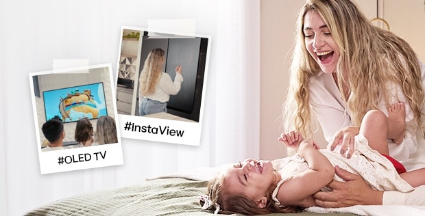 Familia feliz en la cama con fotos del televisor LG OLED y del refrigerador InstaView.