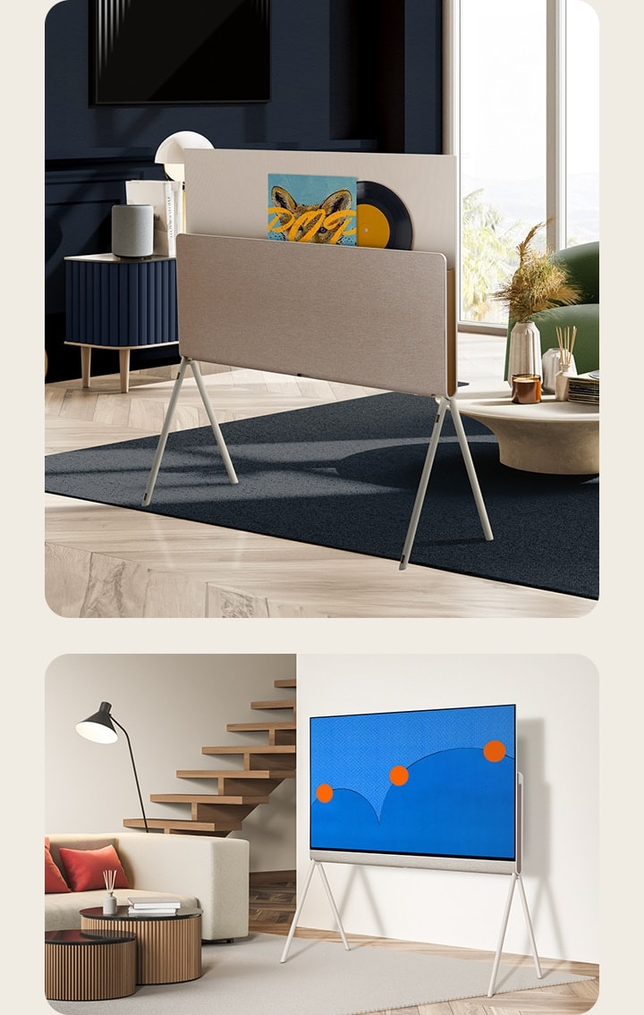 Dos salas de estar diferentes. En una, se ve la elegante parte trasera de la televisión LG OLED Objet Collection Posé. En la otra, se muestra el frente de la televisión con una obra de arte en su pantalla.