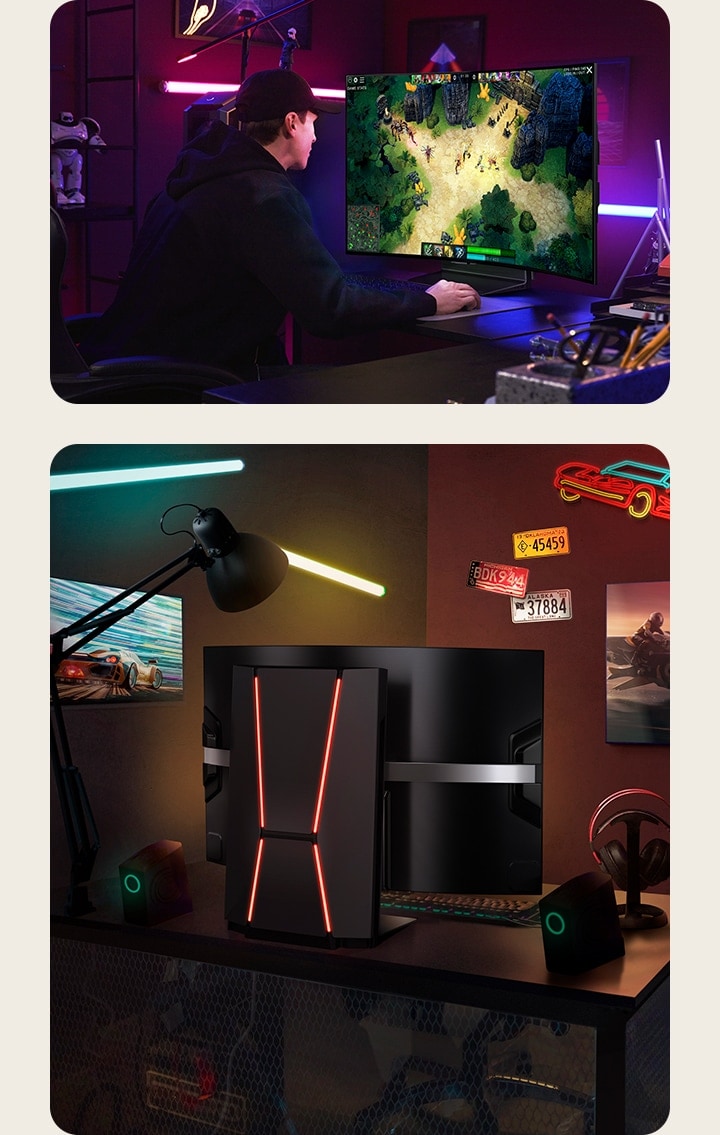Dos entornos de juego diferentes con una televisión LG OLED Flex sobre el escritorio. En uno, se ve a un jugador utilizando el LG OLED Flex para jugar un videojuego. En el otro, se muestra la parte trasera de la televisión LG OLED Flex. Desde este ángulo, se destaca la curvatura de la pantalla de la televisión.