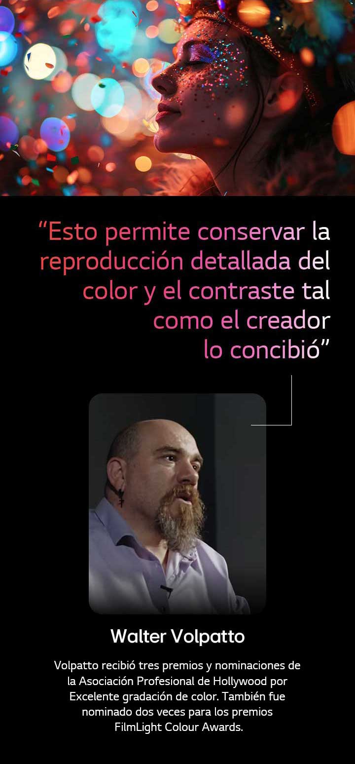 Un sujeto contra un fondo colorido con bokeh. Se resalta una cita de Walter Volpatto, un destacado director de fotografía, que habla sobre AI Director Processing: permite conservar la reproducción detallada del color y el contraste tal como el creador lo concibió.