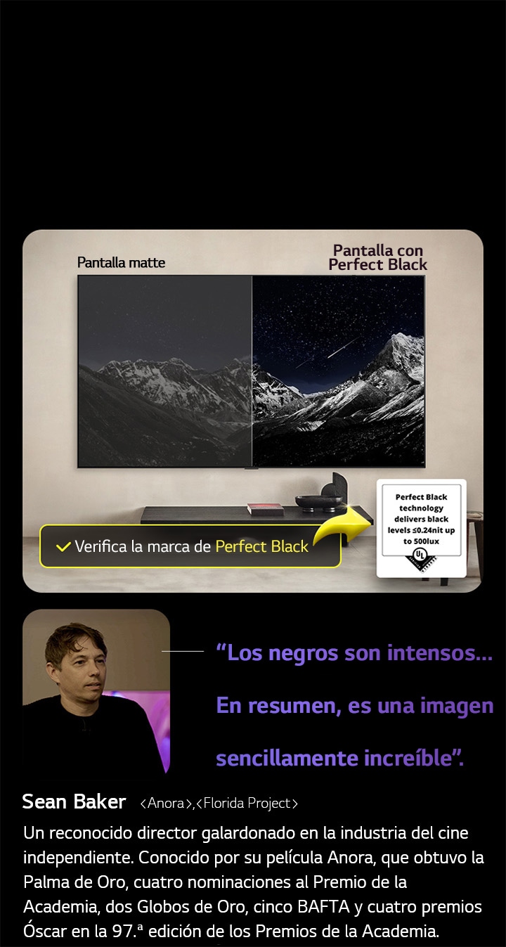 LG OLED TV Wall-mounted En la pantalla se muestra una cadena montañosa bajo un cielo nocturno lleno de estrellas. La pantalla está dividida por la mitad. En un extremo, etiquetado como “Pantalla sin Perfect Black”, los colores se ven apagados y grisáceos, y las estrellas apenas son visibles. En el otro extremo, etiquetado como “Pantalla con Perfect Black”, los negros son profundos y oscuros, las estrellas brillan con intensidad y el resultado es una imagen con alto contraste y gran impacto visual.