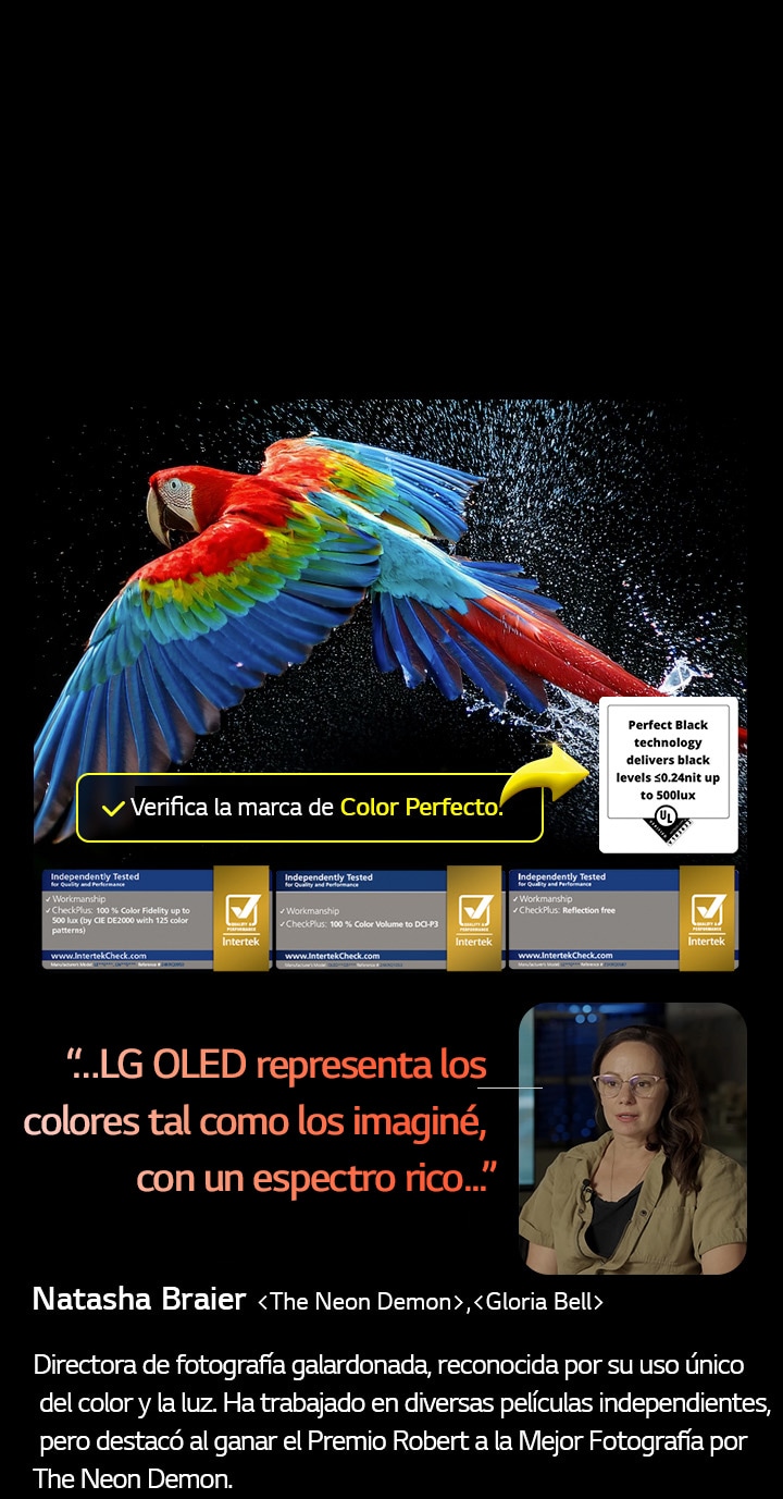 Un loro colorido en ultra alta definición sobre un fondo negro. A su alrededor hay gotas de agua suspendidas en el aire. La imagen muestra un Color Perfecto, ya que cada tono diferente del cuerpo del loro es vibrante y vívido. El fondo oscuro con salpicaduras de agua detalladas también resalta cómo la pantalla está libre de reflejos. Se observan diferentes certificaciones de logotipos de UL e Intertek. Estos se refieren a su 100 % de fidelidad de color, 100 % de volumen de color y su afirmación de ausencia de reflejos. También se observa un texto: Verifica la marca de certificación Color Perfecto.