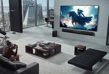 Una sala de estar con una persona jugando a un videojuego en su LG True Wireless TV y LG Soundbar Wall Mounted. Sostiene un controlador en la mano, pero la consola de juegos no se ve a simple vista. Tampoco se ve ningún cable. La Caja de conexión cero está oculta debajo de una mesa de apoyo y apenas puede verse.