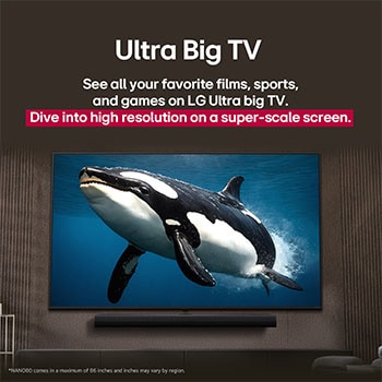 LG TV con una pantalla impresionantemente grande montada en una pared encima de una LG Soundbar en una sala de estar de estilo moderno.