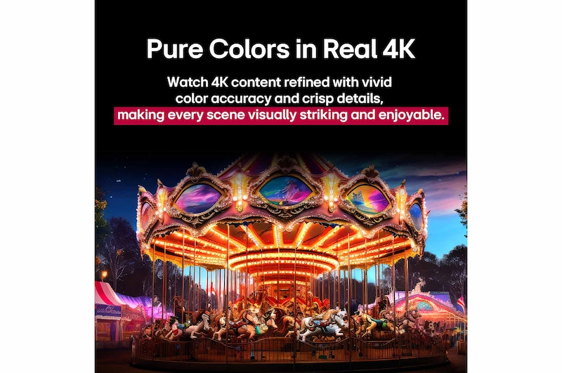Una imagen dividida por la mitad para mostrar un antes y un después de Colores puros en 4K real. La parte izquierda del carrusel es nítida y colorida, mientras que la derecha está difuminada. El título hace referencia a cómo cada escena consigue ser visualmente más llamativa y agradable. 