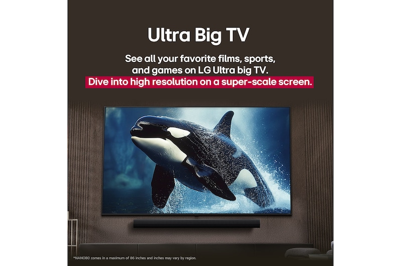 LG TV con una pantalla impresionantemente grande montada en una pared encima de una LG Soundbar en una sala de estar de estilo moderno.
