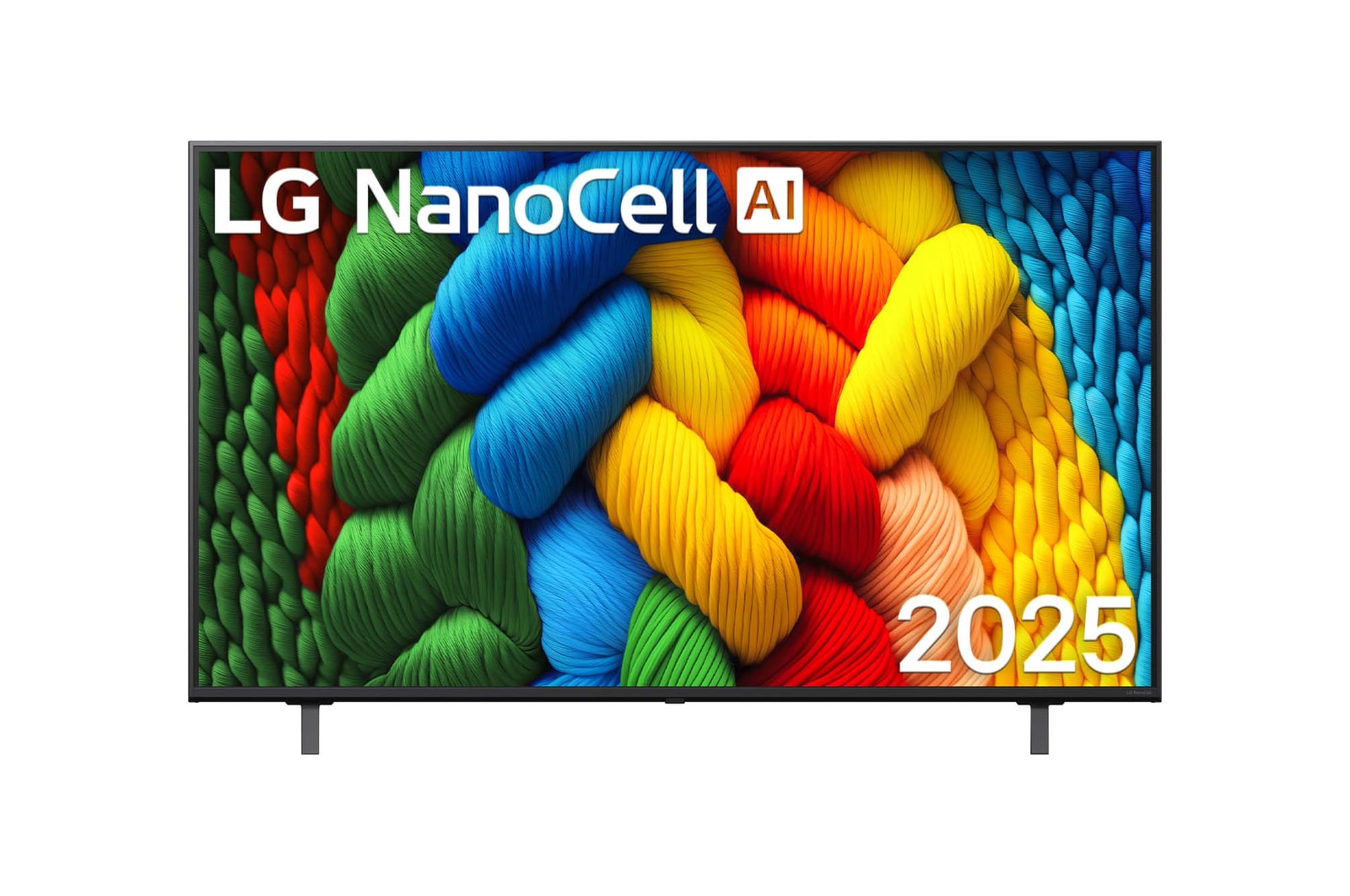 Vista de frente de la NanoCell TV, logotipo de LG NanoCell Al en la esquina superior. La LG NanoCell NANO80 TV muestra coloridas texturas como la pintura que se combinan.