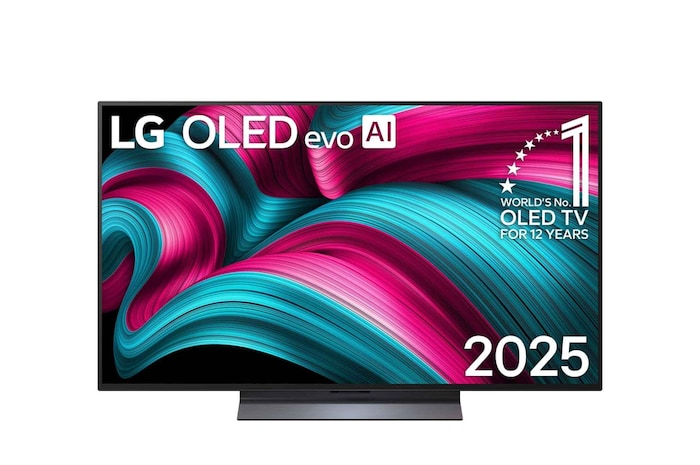 Front view of LG OLED evo AI C5 4K Smart TV. 12 Years of world number 1 OLED emblem and LG OLED evo AI 2025 logo are on the screen.