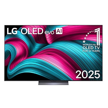 Vista de frente de la Smart TV LG OLED evo AI C5 4K. El emblema “OLED, número 1 del mundo durante 12 años” y el logotipo de LG OLED evo AI 2025 aparecen en la pantalla.