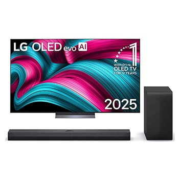 Vista frontal de Smart TV LG OLED evo AI C5 4K de 77 pulgadas 2025 + LG Soundbar for TV con Dolby Atmos 3.1.1 canales S70TY OLED77C5PSA.S70TY