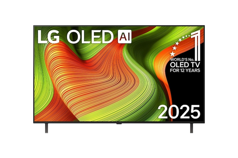 Vista de frente de la Smart TV LG OLED AI B5 4K. El emblema de OLED de ser el n.º 1 del mundo durante 12 años y el logo LG OLED AI 2025 aparecen en la pantalla.
