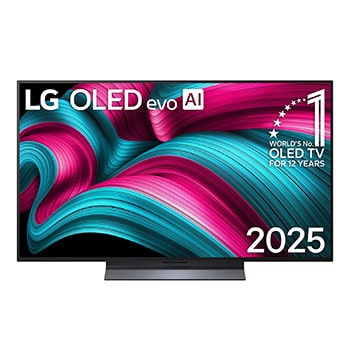 Vista de frente de la Smart TV LG OLED AI C5E 4K. El emblema de OLED de ser el n.º 1 del mundo durante 12 años y el logotipo de LG OLED AI 2025 aparecen en la pantalla.