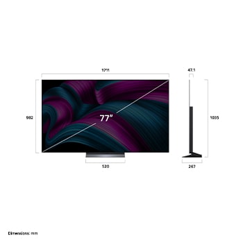 Vista de frente y lateral de la Smart TV LG OLED AI C5E 4K en la que se ven sus dimensiones de longitud, ancho, altura y profundidad.