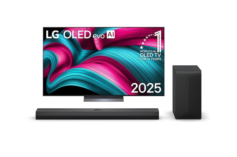 Vista frontal de Smart TV LG OLED evo AI C5 4K de 55 pulgadas 2025 + LG Soundbar for TV con Dolby Atmos 3.1.1 canales S70TY OLED55C5PSA.S70TY
