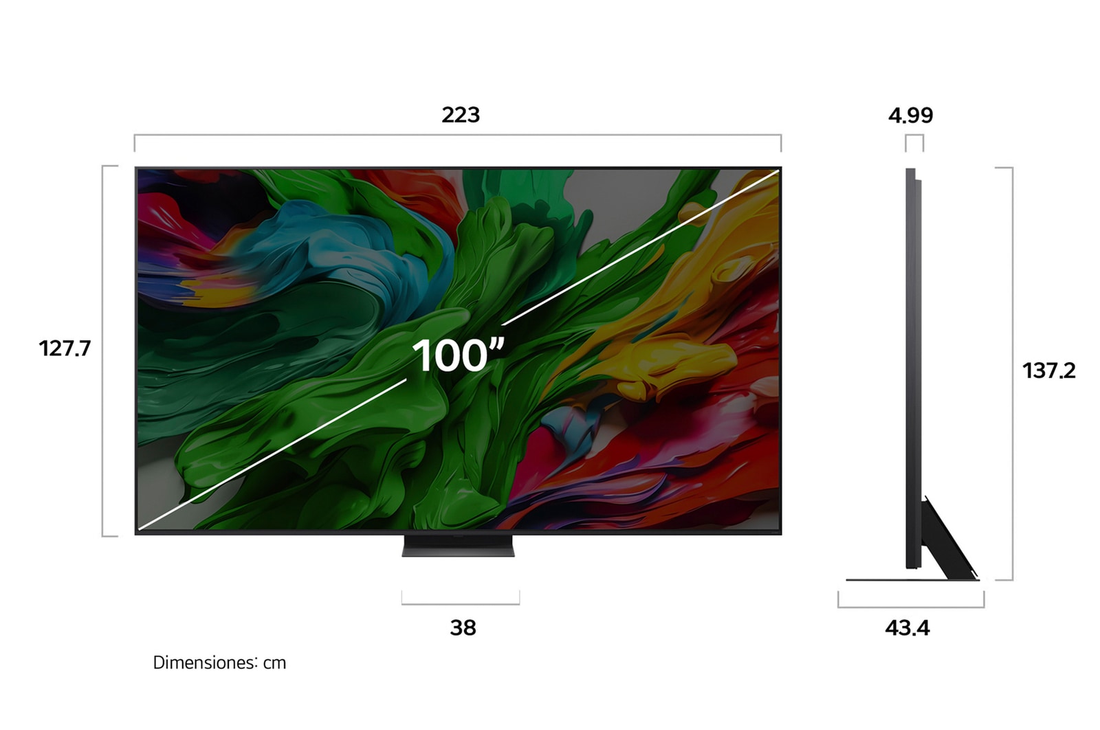 Vista de frente y lateral del Smart TV LG QNED evo AI QNED86 4K en la que se ven sus dimensiones de longitud, ancho, altura y profundidad.