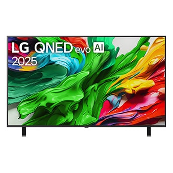 Vista de frente del TV LG QNED evo QNED85, logo de LG QNED evo Al en la esquina superior. El TV LG QNED evo QNED85 muestra texturas coloridas como una pintura que se combinan.