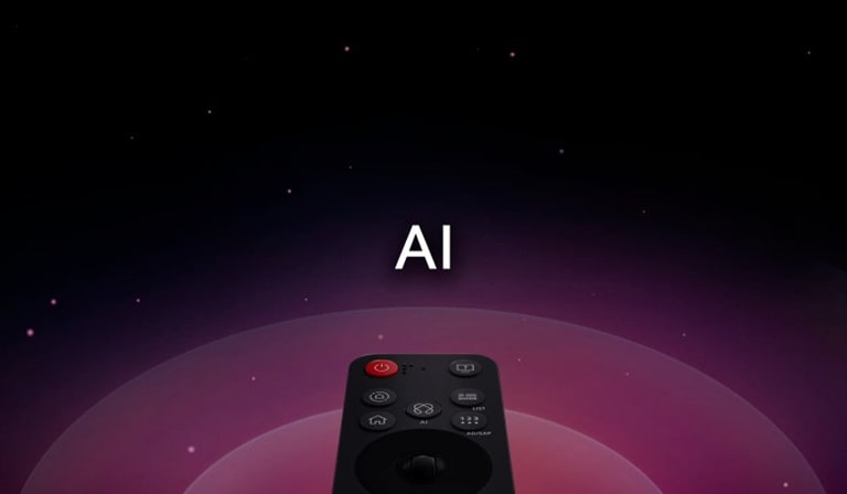 LG AI Magic Remote con el botón AI dedicado. La interfaz gráfica muestra cómo el botón AI permite a los usuarios acceder a diferentes funciones de AI. Los servicios incluyen Identificación de voz AI, Búsqueda AI, Chatbot AI, Concierge AI, Asistente de Imagen AI y Asistente de Sonido AI. La funcionalidad se muestra al pasar el cursor sobre una interfaz, mostrando cómo el control remoto se puede usar como un ratón de aire, simplemente apuntando y haciendo clic.