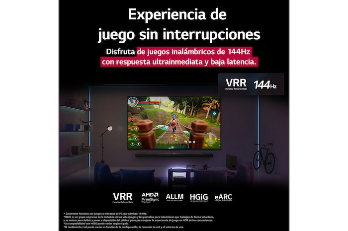 Una sala de estar con luz tenue y una pantalla de juego mostrada en la QNED9M. La Caja de conexión cero se encuentra dentro de una mesa ratona. El texto habla de juegos inalámbricos de 144Hz con respuesta ultrainmediata y baja latencia.