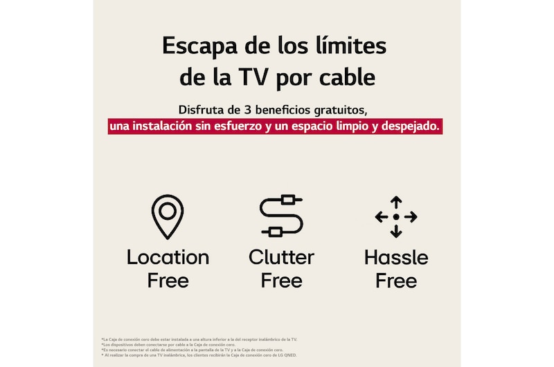 Tres íconos que representan los 3 beneficios gratuitos de la LG True Wireless TV. Instalación en cualquier lugar, sin elementos que estorben, sin complicaciones. El texto habla de olvidarse de los límites de la TV por cable y disfrutar de una instalación sin esfuerzo, además de un espacio limpio y despejado.