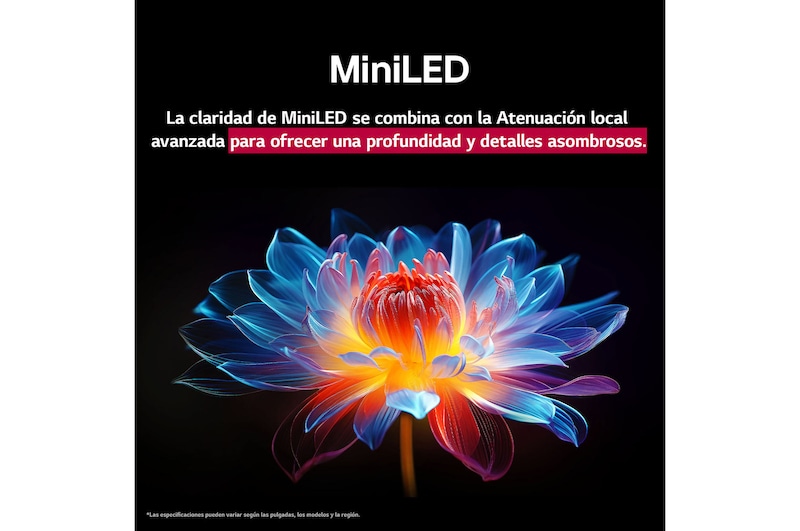 Flor holográfica en 3D con diferentes sombras y tonos sobre fondo negro. La definición y el detalle de la flor resaltan la capacidad del MiniLED de QNED de producir imágenes con color, brillo y contraste excepcionales. El título habla de cómo MiniLED mejora la claridad y proporciona un contraste excepcional.