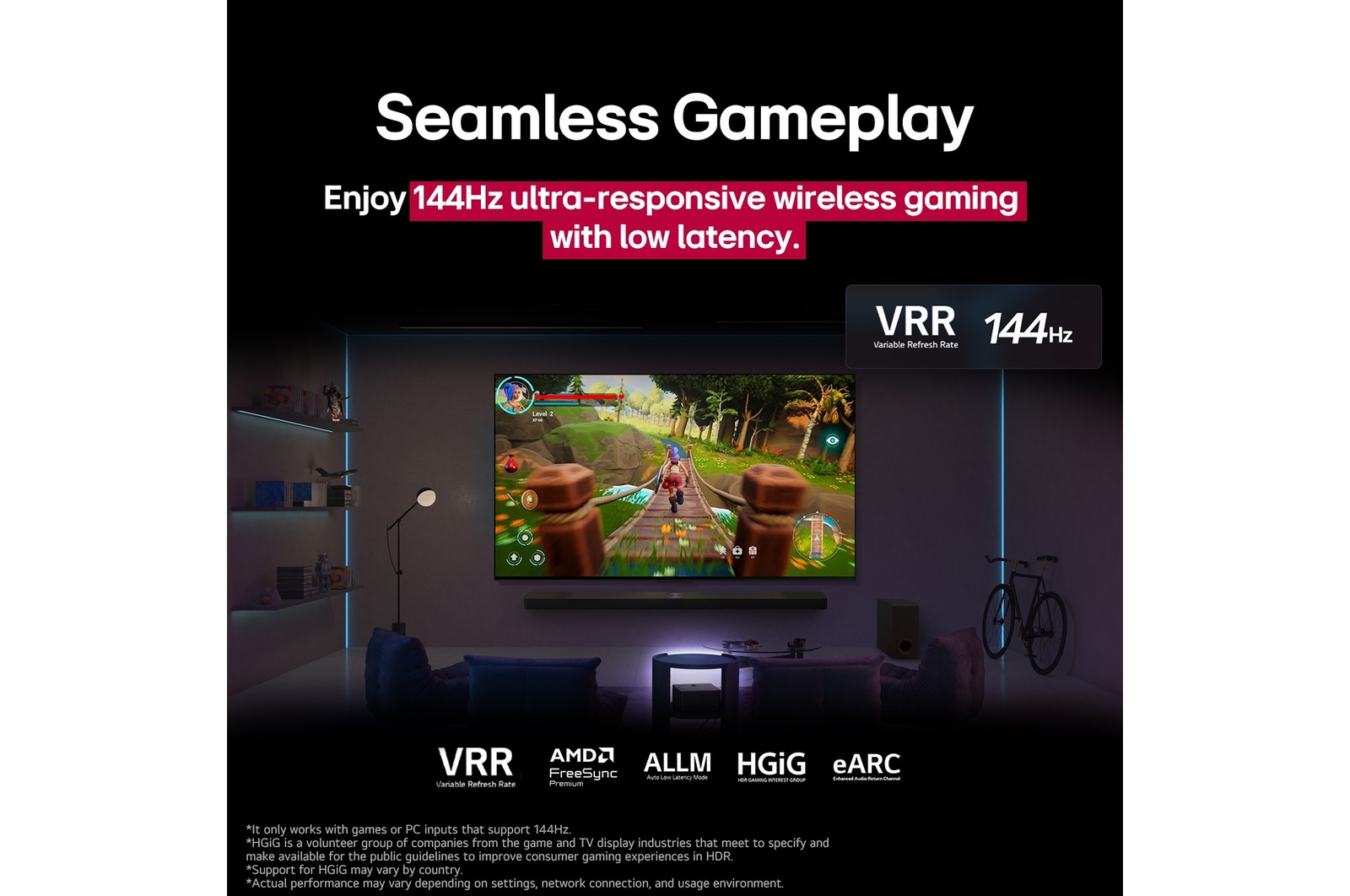 A dimly lit living room with a game screen depicted on the QNED9M. Zero Connect Box sits inside a coffee table. Text talks about 144Hz ultra-responsive wireless gaming with low latency.