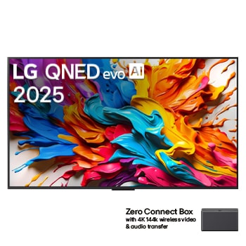 Front view of LG QNED evo AI QNED9M TV. LG QNED evo AI Logo on the. op corner. LG QNED evo TV depicts colorful paintike textures coming together. Zero Connect Box in the corner with the title, Zero Connect Box with 4K 144Hz wireless video & audio transfer.