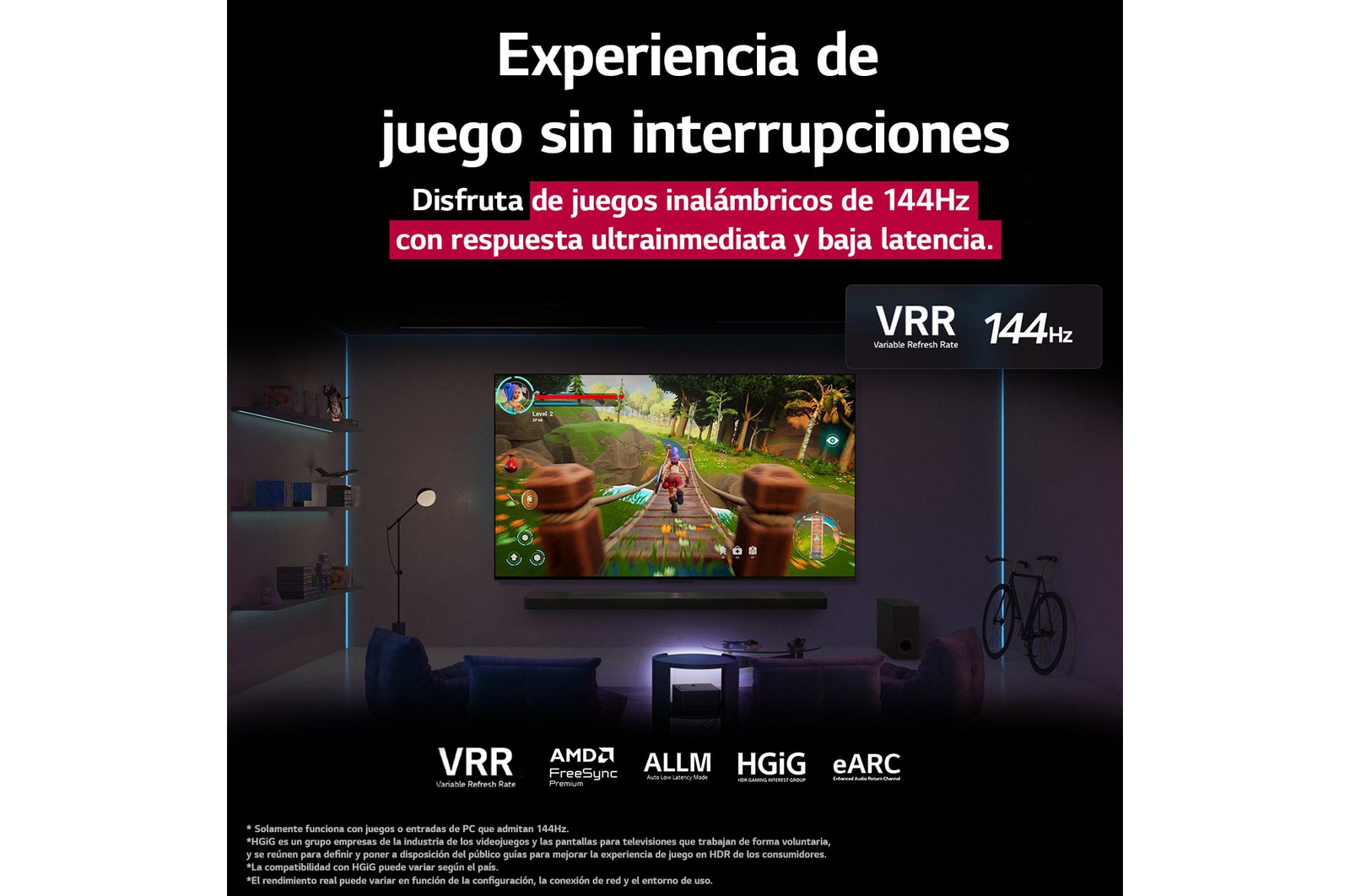 Una sala de estar con luz tenue y una pantalla de juego mostrada en la QNED9M. La Caja de conexión cero se encuentra dentro de una mesa ratona. El texto habla de juegos inalámbricos de 144Hz con respuesta ultrainmediata y baja latencia.