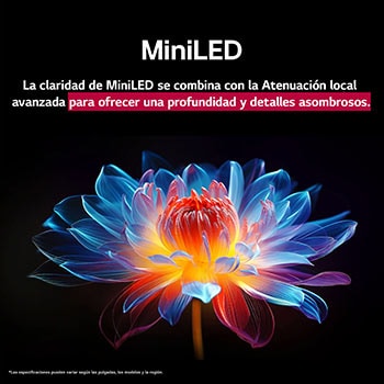 Flor holográfica en 3D con diferentes sombras y tonos sobre fondo negro. La definición y el detalle de la flor resaltan la capacidad del MiniLED de QNED de producir imágenes con color, brillo y contraste excepcionales. El título habla de cómo MiniLED mejora la claridad y proporciona un contraste excepcional.