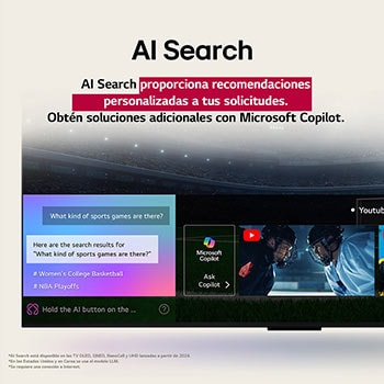 Primer plano de la pantalla de una LG OLED TV en la que se muestra cómo funciona AI Search. Hay una pequeña ventana de chat abierta que muestra cómo el usuario preguntó qué eventos deportivos están disponibles. AI Search respondió a través del chat y mostró imágenes en miniatura del contenido disponible. También hay un indicador para hacer preguntas a Microsoft Copilot. 