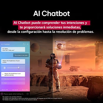 Sci-fi content is playing on an LG TV screen. On the screen is the Al Chatbot interface. The user messaged the chatbot saying that the screen is too dark. The chatbot offered solutions to the request. The whole scene is also split in two. One side is darker, the other side is brighter, showing how Al Chatbot solved the issue for the user automatically. Text explains Al Chatbot can understand user intent and provide solutions to troubleshoot.