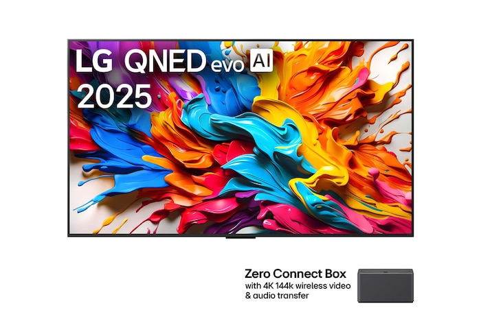 Front view of LG QNED evo AI QNED9M TV. LG QNED evo AI Logo on the. op corner. LG QNED evo TV depicts colorful paintike textures coming together. Zero Connect Box in the corner with the title, Zero Connect Box with 4K 144Hz wireless video & audio transfer.