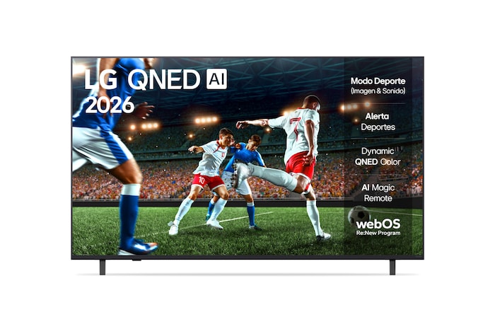 Front view of LG QNED70 TV, LG QNED Al Logo on the top corner. LG QNED TV depicts colorful paintike textures coming together.