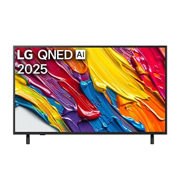 Vista de frente del televisor LG QNED82 TV, logotipo de LG QNED Al en la esquina superior. La LG QNED TV muestra coloridas texturas como la pintura que se combinan.