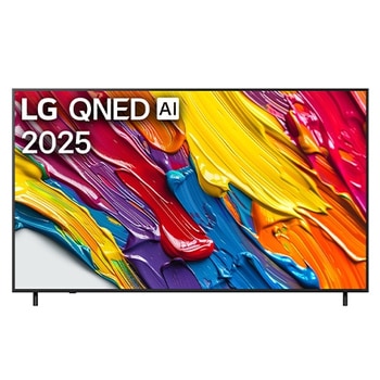 Vista de frente del televisor LG QNED82 TV, logotipo de LG QNED Al en la esquina superior. La LG QNED TV muestra coloridas texturas como la pintura que se combinan.