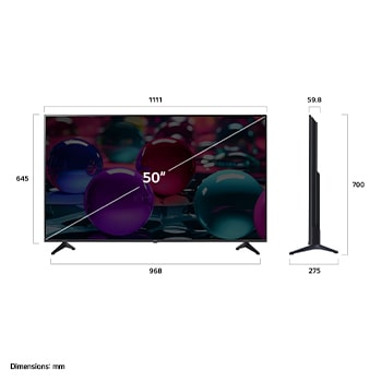 Vista de frente y lateral de la Smart TV LG UHD AI UA73 4K en la que se ven sus dimensiones de longitud, ancho, altura y profundidad.