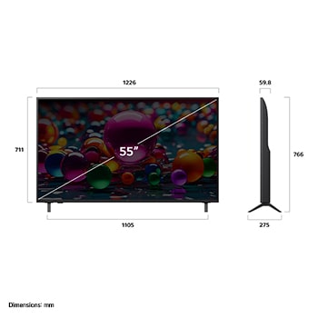 Vista de frente y lateral de la Smart TV LG UHD AI UA75 4K en la que se ven sus dimensiones de longitud, ancho, altura y profundidad.