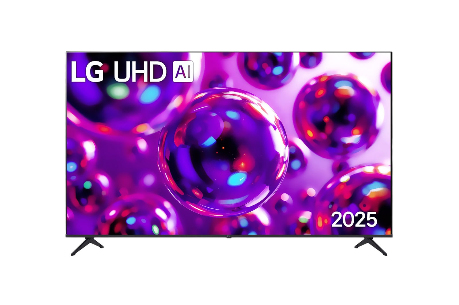 Vista de frente de la UHD UA75 TV, logotipo de LG UHD Al en la esquina superior. En la LG UHD TV se muestran coloridas texturas como de pinturas que se combinan.