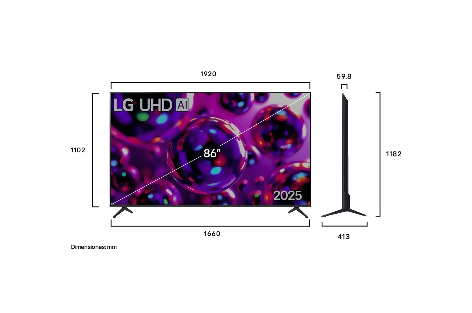 Vista de frente y lateral de la Smart TV LG UHD AI UA75 4K en la que se ven sus dimensiones de longitud, ancho, altura y profundidad.
