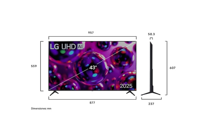 Vista de frente y lateral de la Smart TV LG UHD AI UA80 4K en la que se ven sus dimensiones de longitud, ancho, altura y profundidad.