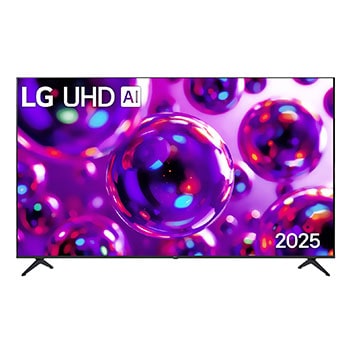 Vista de frente de la UHD UA75 TV, logotipo de LG UHD Al en la esquina superior. En la LG UHD TV se muestran coloridas texturas como de pinturas que se combinan.