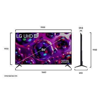 Vista de frente y lateral de la Smart TV LG UHD AI UA75 4K en la que se ven sus dimensiones de longitud, ancho, altura y profundidad.
