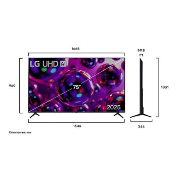 Vista de frente y lateral de la Smart TV LG UHD AI UA80 4K en la que se ven sus dimensiones de longitud, ancho, altura y profundidad.
