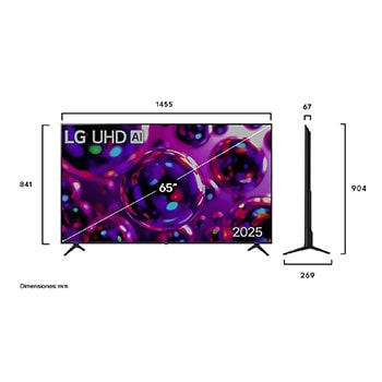 Vista de frente y lateral de la Smart TV LG UHD AI UA80 4K en la que se ven sus dimensiones de longitud, ancho, altura y profundidad.