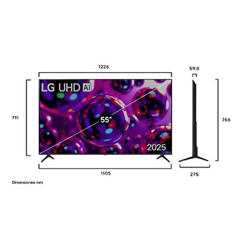 Vista de frente y lateral de la Smart TV LG UHD AI UA80 4K en la que se ven sus dimensiones de longitud, ancho, altura y profundidad.