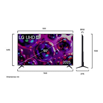 Vista de frente y lateral de la Smart TV LG UHD AI UA80 4K en la que se ven sus dimensiones de longitud, ancho, altura y profundidad.