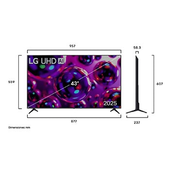 Vista de frente y lateral de la Smart TV LG UHD AI UA80 4K en la que se ven sus dimensiones de longitud, ancho, altura y profundidad.