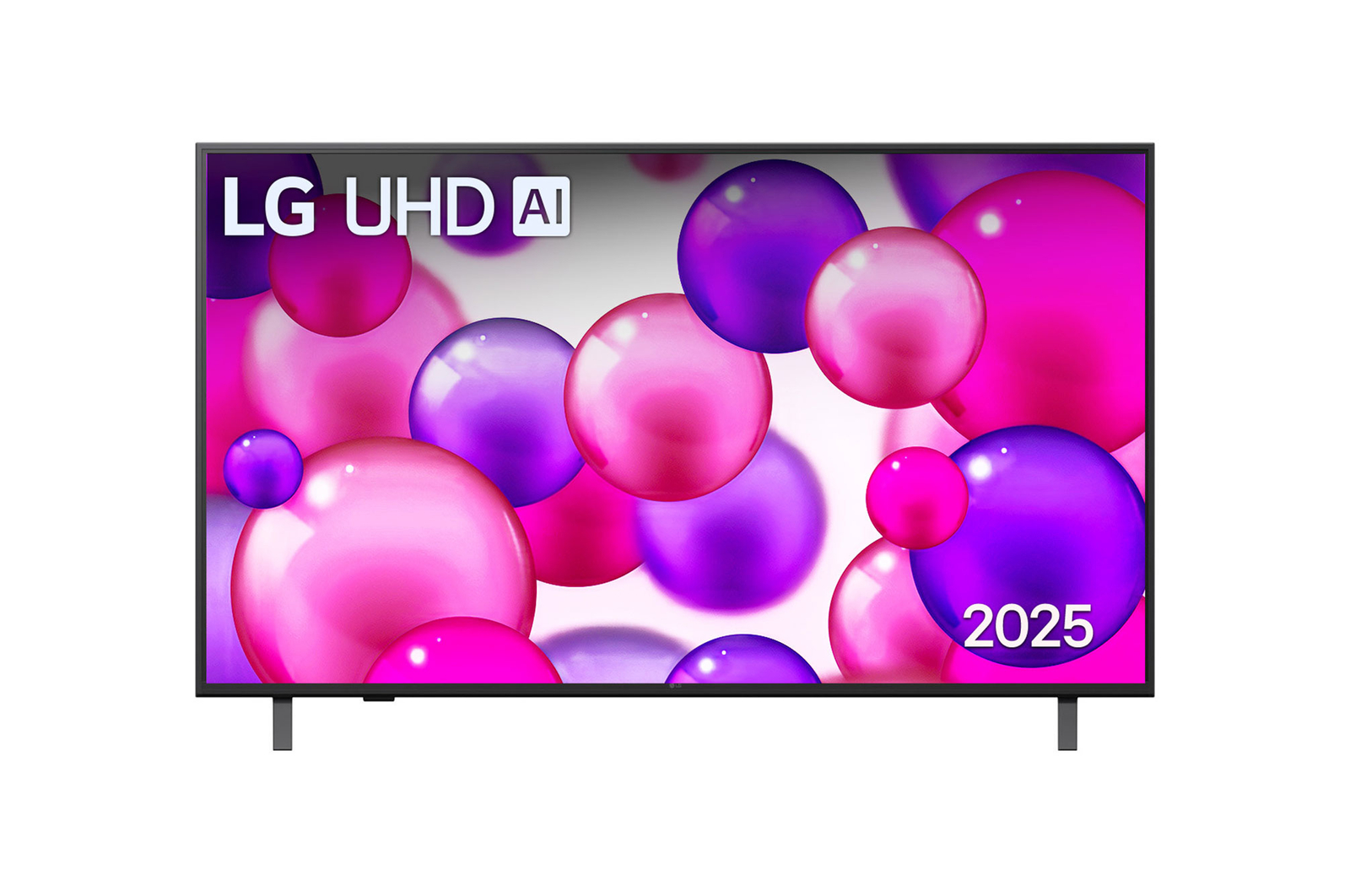 Vista de frente de la UHD UA80 TV, logotipo de LG UHD Al en la esquina superior. En la LG UHD TV se muestran coloridas texturas como de pinturas que se combinan.