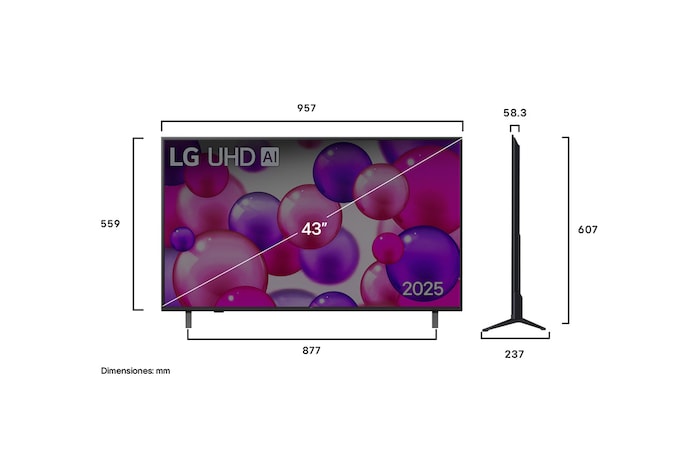 Vista de frente y lateral de la Smart TV LG UHD AI UA80 4K en la que se ven sus dimensiones de longitud, ancho, altura y profundidad.